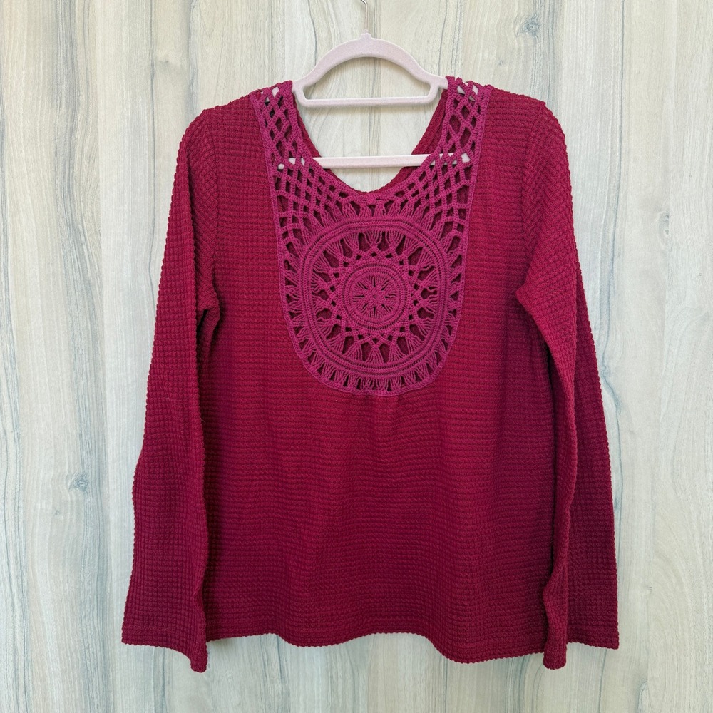 Womens Waffle Knit Crochet Back Sweater L Red Long Sleeve Boho Hippie Coastal